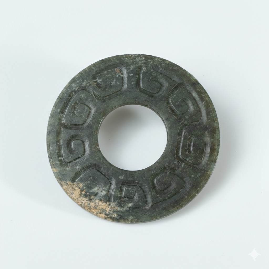 Lot 010 A LARGE ARCHAISTIC CELADON JADE 'CLOUD AND THUNDER' BI-DISC
HAN DYNASTY OR LATER - Image 3