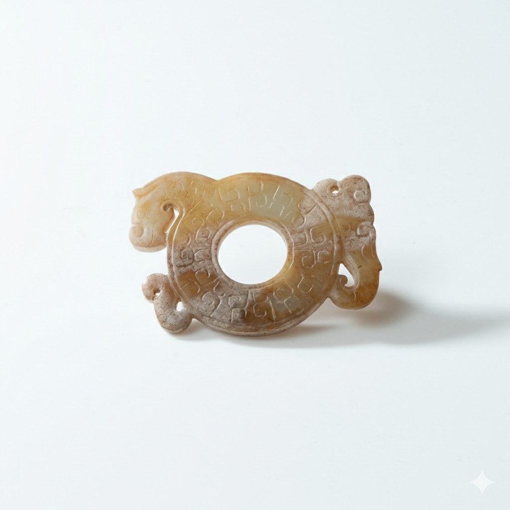 Lot 013 A CELADON AND CALCIFIED JADE 'TWIN DRAGONS' BI-DISC (CHU KUO BI)
STYLE OF HAN DYNASTY