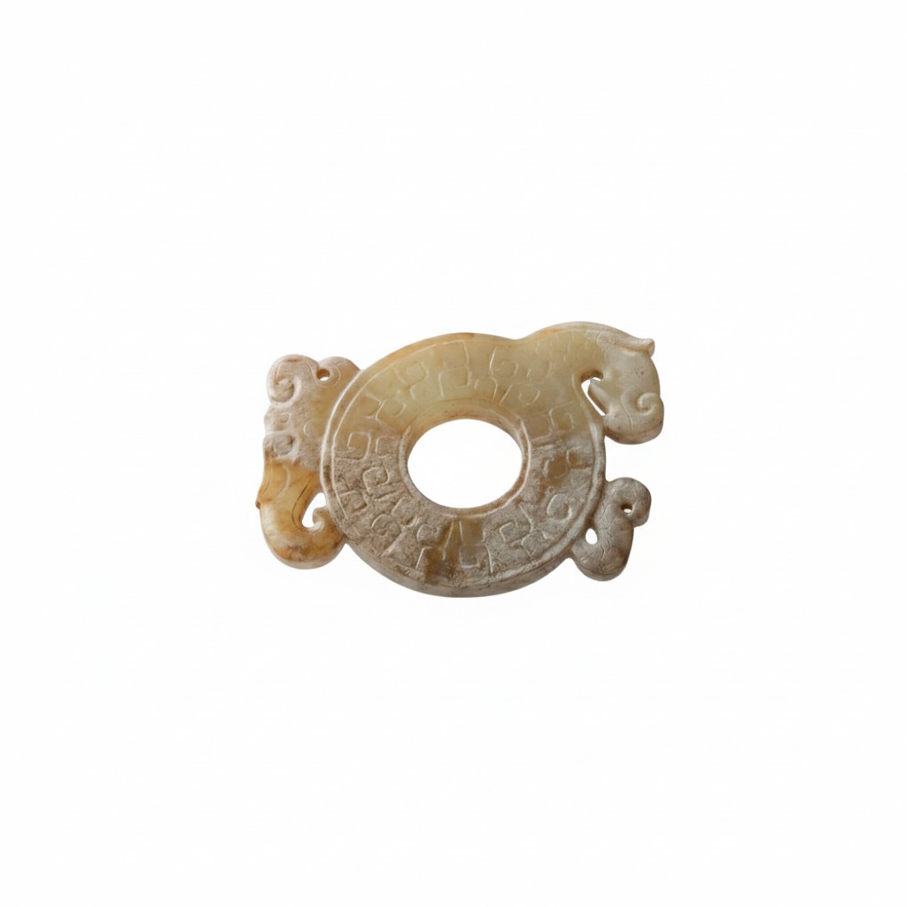 Lot 013 A CELADON AND CALCIFIED JADE 'TWIN DRAGONS' BI-DISC (CHU KUO BI)
STYLE OF HAN DYNASTY - Image 2