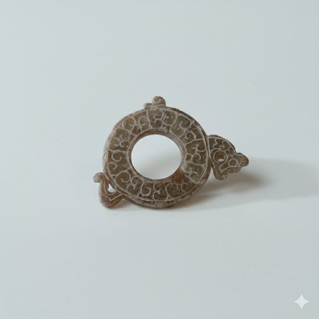 Lot 014 A CELADON AND CALCIFIED JADE 'DRAGON' BI-DISC (CHU KUO BI)
STYLE OF HAN DYNASTY