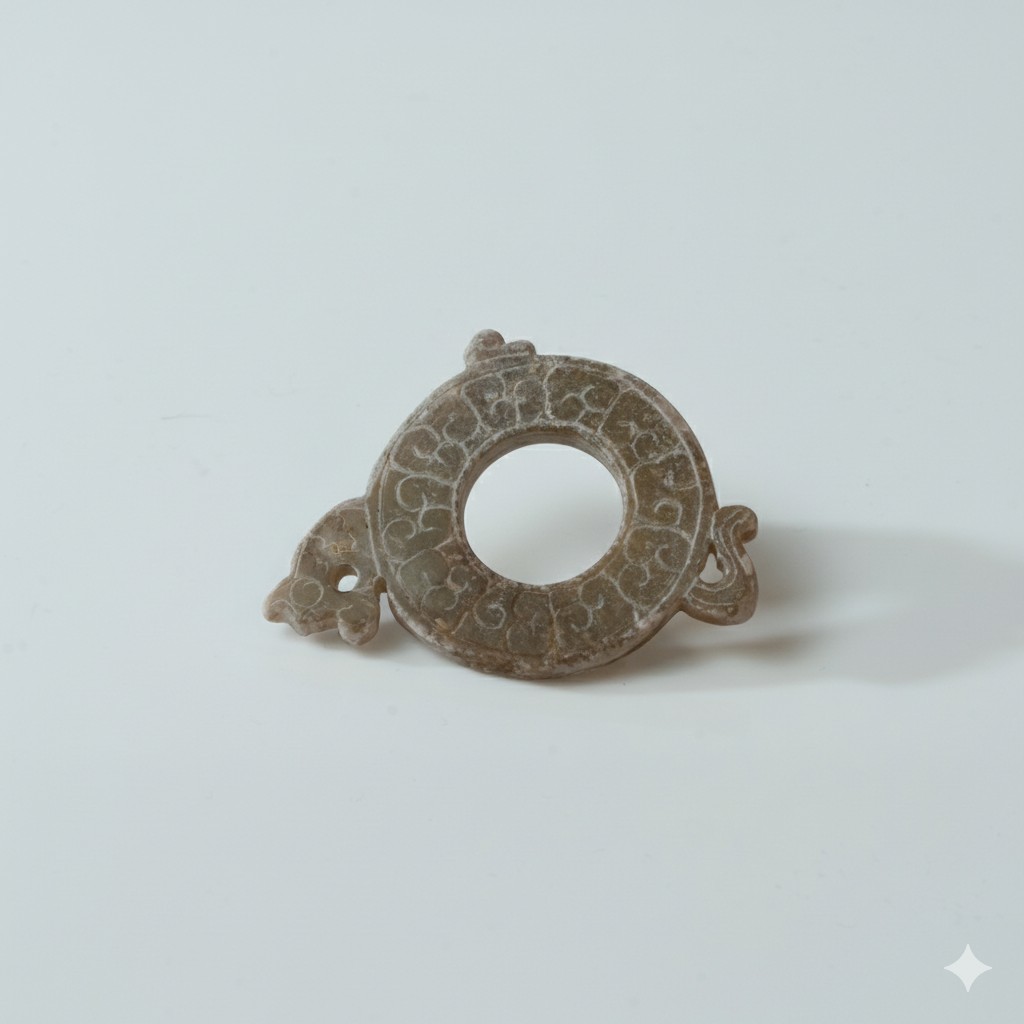 Lot 014 A CELADON AND CALCIFIED JADE 'DRAGON' BI-DISC (CHU KUO BI)
STYLE OF HAN DYNASTY - Image 2