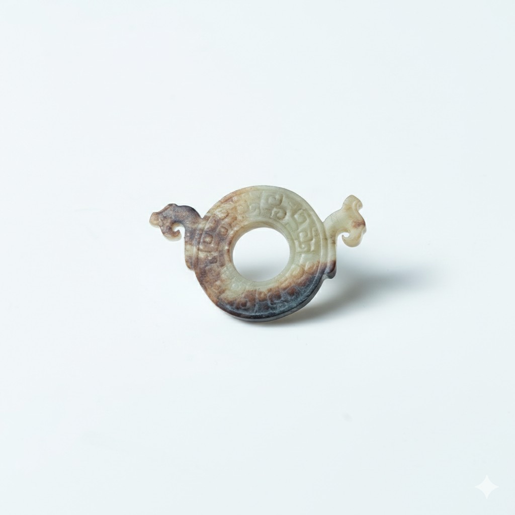 Lot 015 A CELADON JADE 'TWIN DRAGONS' BI-DISC (CHU KUO BI)
STYLE OF HAN DYNASTY