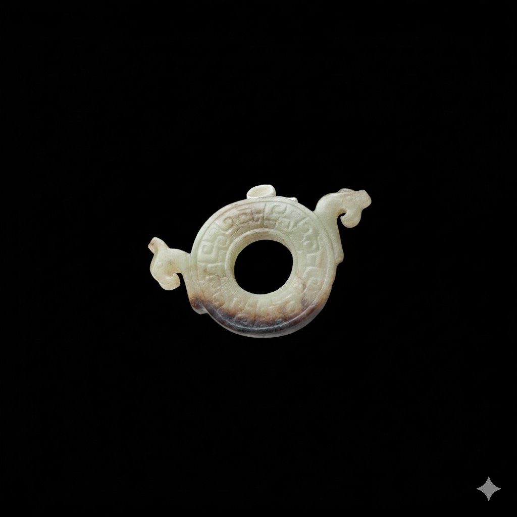 Lot 015 A CELADON JADE 'TWIN DRAGONS' BI-DISC (CHU KUO BI)
STYLE OF HAN DYNASTY - Image 2