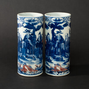 Lot 045 A PAIR OF BLUE AND WHITE AND UNDERGLAZE-RED 'FIGURES' HAT STANDS
LATE QING DYNASTY – REPUBLIC PERIOD