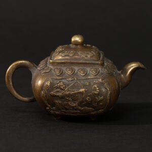 Lot 054 A REPOUSSÉ BRONZE 'MYTHOLOGICAL FIGURES' QUADRANGULAR TEAPOT
LATE QING DYNASTY - REPUBLIC PERIOD
