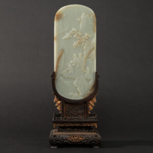 Lot 055 A MAGNIFICENT AND RARE CELADON-WHITE JADE 'CIVIL AND MILITARY' TABLE SCREENQING DYNASTY