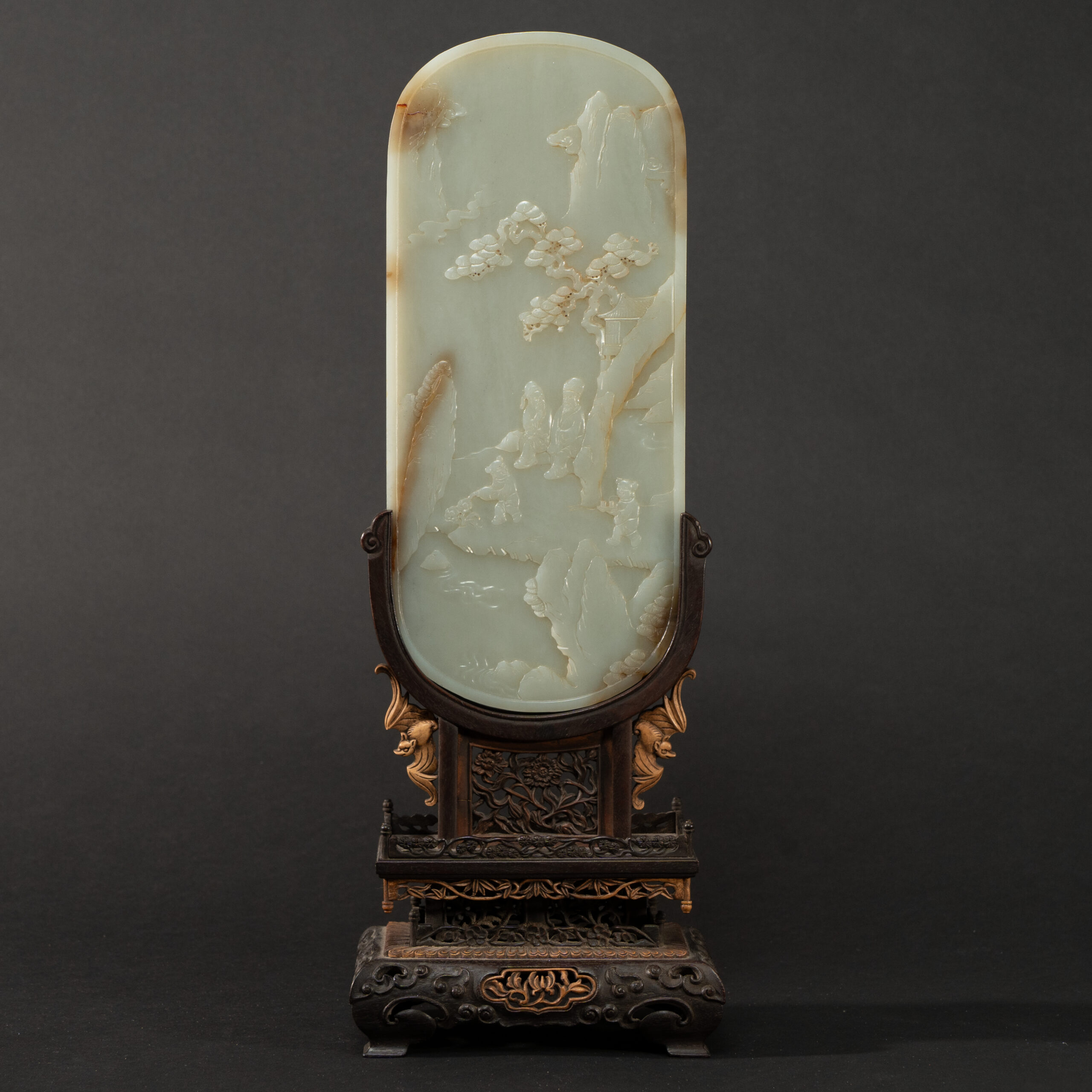 Lot 055 A MAGNIFICENT AND RARE CELADON-WHITE JADE 'CIVIL AND MILITARY' TABLE SCREENQING DYNASTY